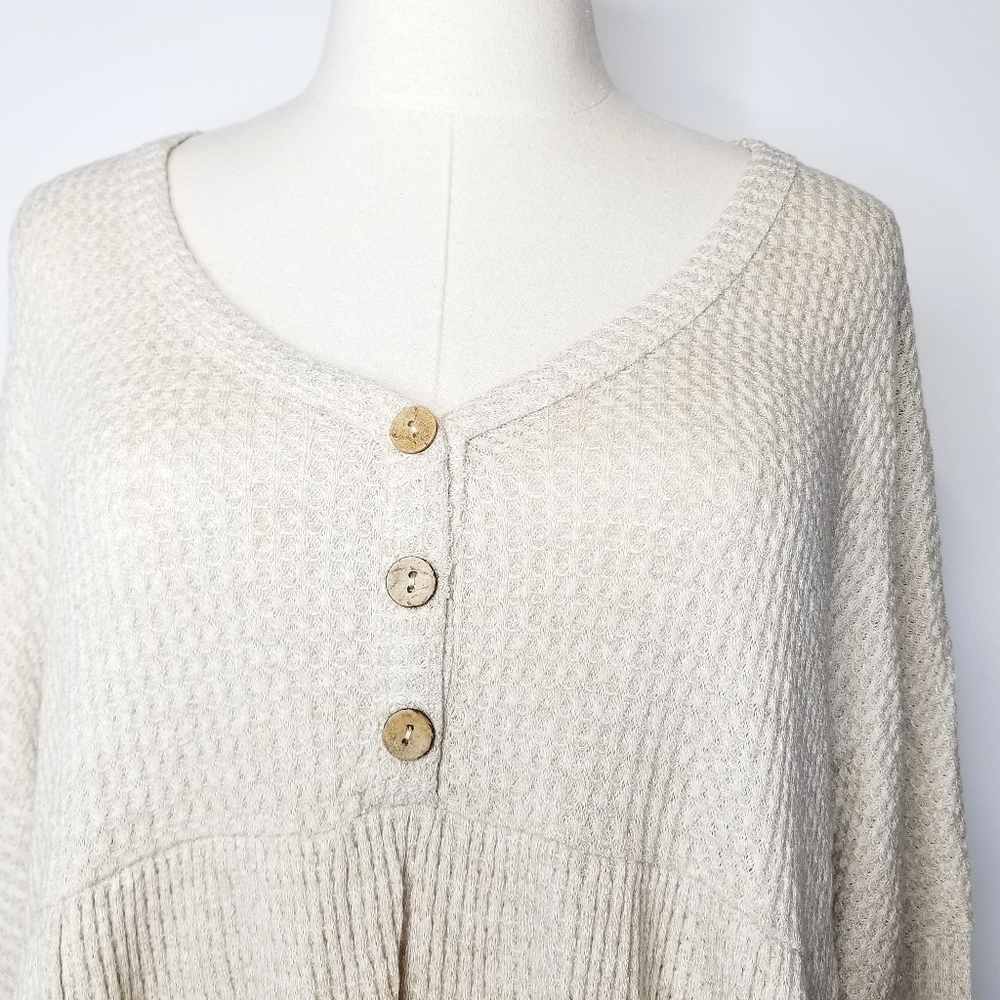 Jolie Beige Dolman Longsleeve Flared Hem Half Button Waffle Thin Top , 1XL - Picture 5 of 11